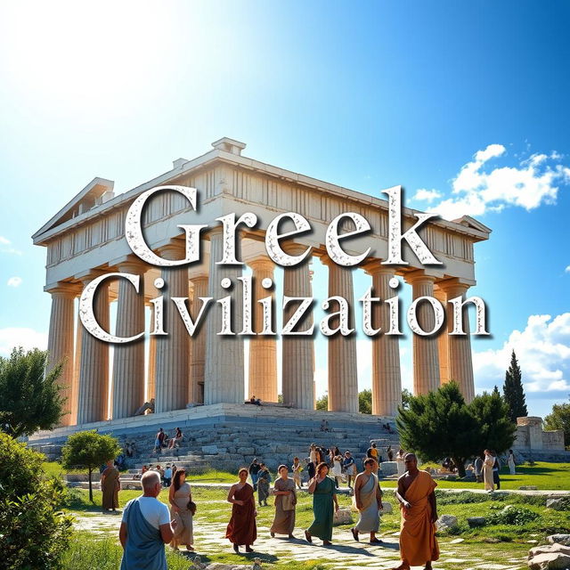 A realistic image capturing the essence of ancient Greek civilization, featuring a beautifully restored scene of a famous Greek temple like the Parthenon set against a bright blue sky