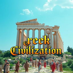A realistic image capturing the essence of ancient Greek civilization, featuring a beautifully restored scene of a famous Greek temple like the Parthenon set against a bright blue sky