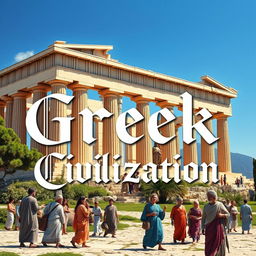 A realistic image capturing the essence of ancient Greek civilization, featuring a beautifully restored scene of a famous Greek temple like the Parthenon set against a bright blue sky