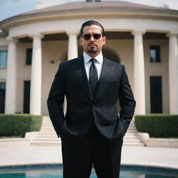 A cool, mid-30s character with a dark suit, sunglasses and an aura of menacing elegance. He seems to be the leader of a cartel, standing in front of a luxurious mansion.