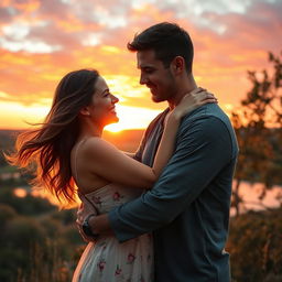 A romantic scene capturing a couple embracing during a beautiful sunset
