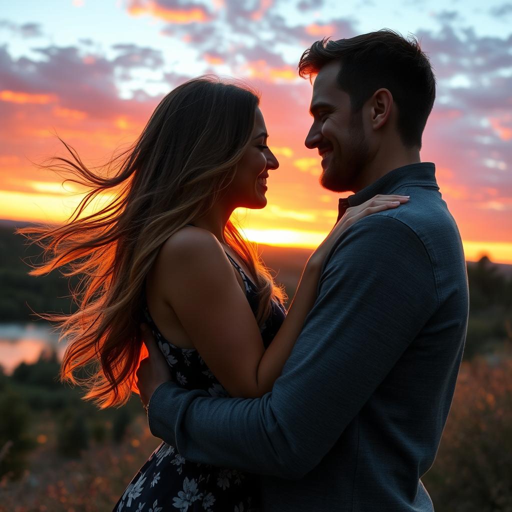 A romantic scene capturing a couple embracing during a beautiful sunset