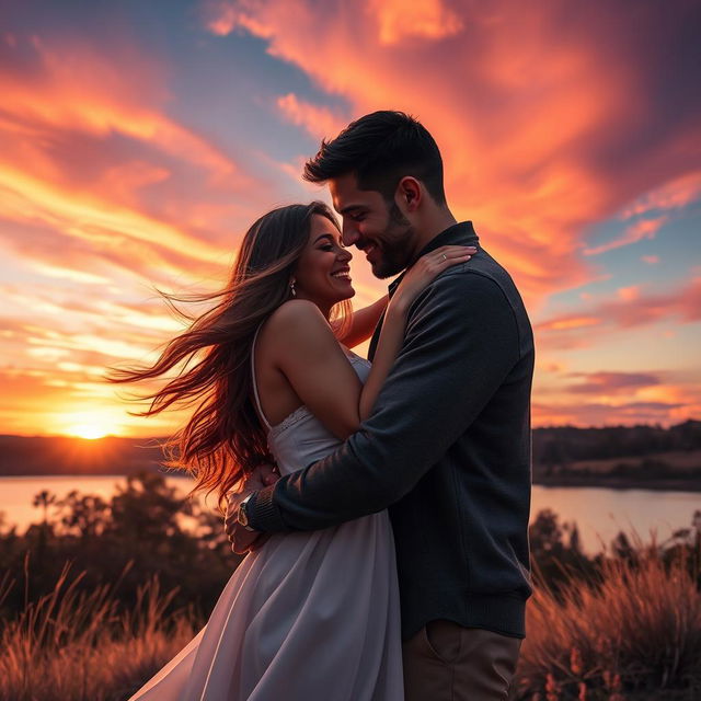 A romantic scene capturing a couple embracing during a beautiful sunset