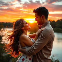 A romantic scene capturing a couple embracing during a beautiful sunset