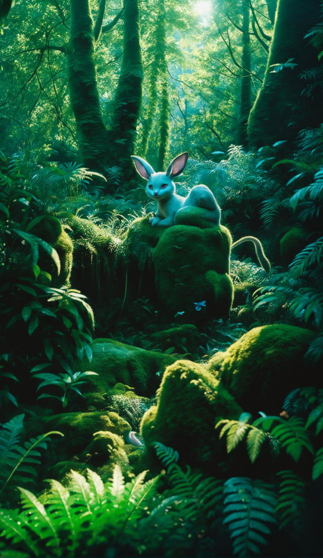 An ultra-detailed HD cinematic style raw photograph of a Mew in a lush forest, reminiscent of 'Fantastic Beasts and Where to Find Them'.