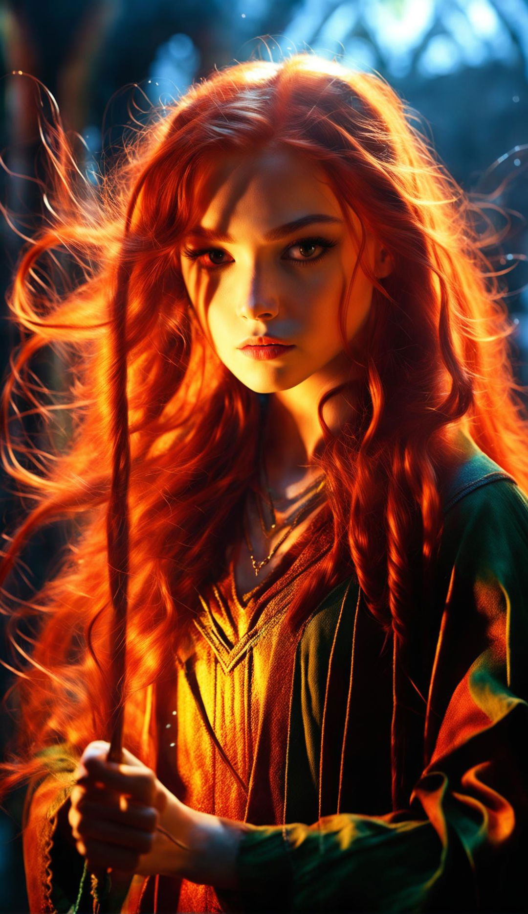 A red-headed teenage girl casting a spell with her 13-inch wand, in a high-definition cinematic style.