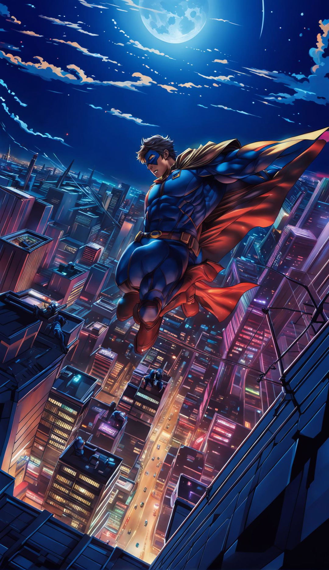 Anime-style superhero leaping from a city rooftop at night towards the camera. Low angle view emphasizing heroism with dramatic lighting, sharp lines, and vibrant colors.