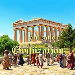 A realistic image depicting the essence of ancient Greek civilization, featuring a striking view of the Parthenon with its majestic columns, surrounded by lush greenery and a bright blue sky