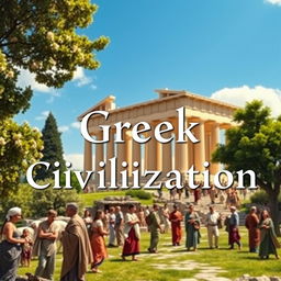 A realistic image depicting the essence of ancient Greek civilization, featuring a striking view of the Parthenon with its majestic columns, surrounded by lush greenery and a bright blue sky