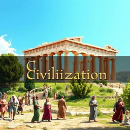 A realistic image depicting the essence of ancient Greek civilization, featuring a striking view of the Parthenon with its majestic columns, surrounded by lush greenery and a bright blue sky