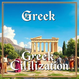 A realistic image depicting the essence of ancient Greek civilization, featuring a striking view of the Parthenon with its majestic columns, surrounded by lush greenery and a bright blue sky