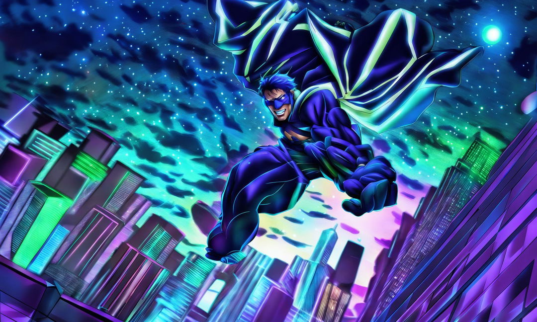 Anime-style superhero leaping towards camera from city rooftop at night with dramatic lighting and vibrant colors.