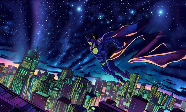 Anime-style superhero leaping from city rooftop at night, viewed from a low angle with dramatic lighting and vibrant colors in a retro-scifi design.