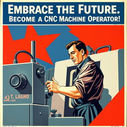 A vintage Soviet propaganda poster from the 1950s, featuring a strong, determined man operating a CNC machine with precision