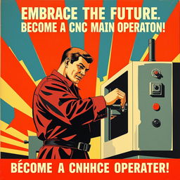 A vintage Soviet propaganda poster from the 1950s, featuring a strong, determined man operating a CNC machine with precision