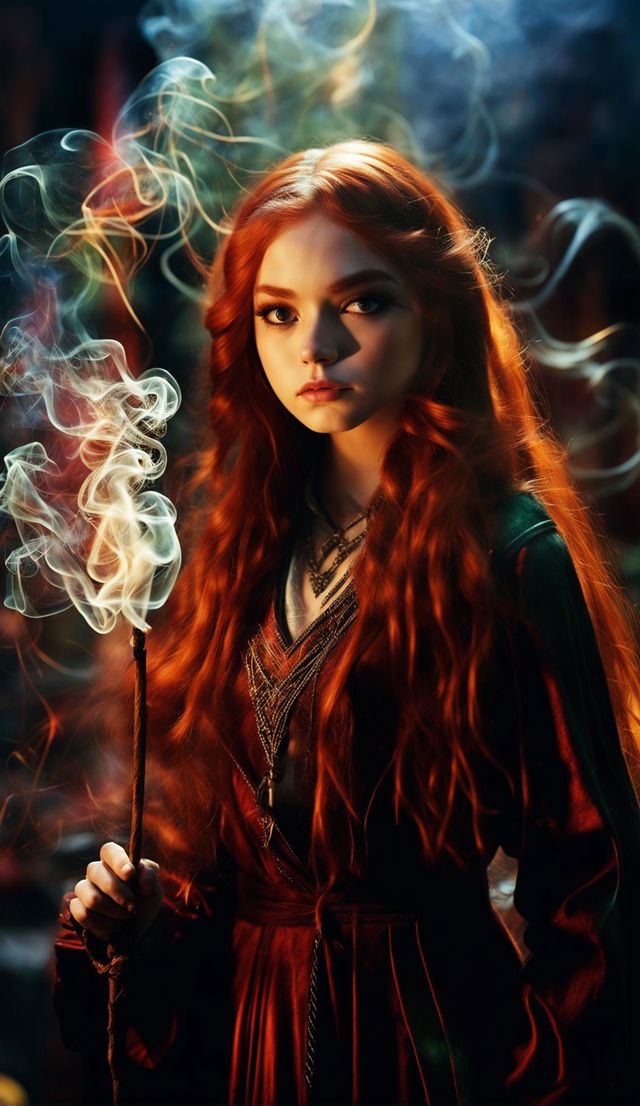 A red-headed teenage girl casting a spell with her 10-inch wand, nefarious smoke spirals exploding from the wand's tip, in a high-definition cinematic style.