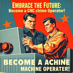A vintage Soviet propaganda poster from the 1950s, featuring a strong, determined man operating a CNC machine with precision