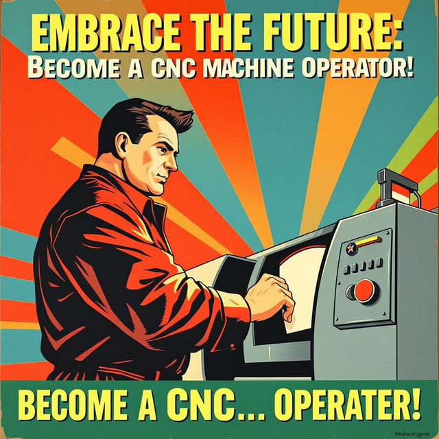 A vintage Soviet propaganda poster from the 1950s, featuring a strong, determined man operating a CNC machine with precision