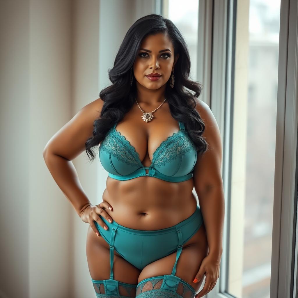 A mature, curvy woman posing indoors by a window, showcasing her confidence in stylish lingerie