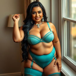 A mature, curvy woman posing indoors by a window, showcasing her confidence in stylish lingerie