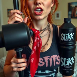 A close-up shot focusing on the torso of an attractive female redhead with a large chest, wearing a 'Misfits' tank top adorned with punk chains