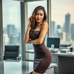 A sexy Asian secretary, 27 years old, exuding confidence and charm