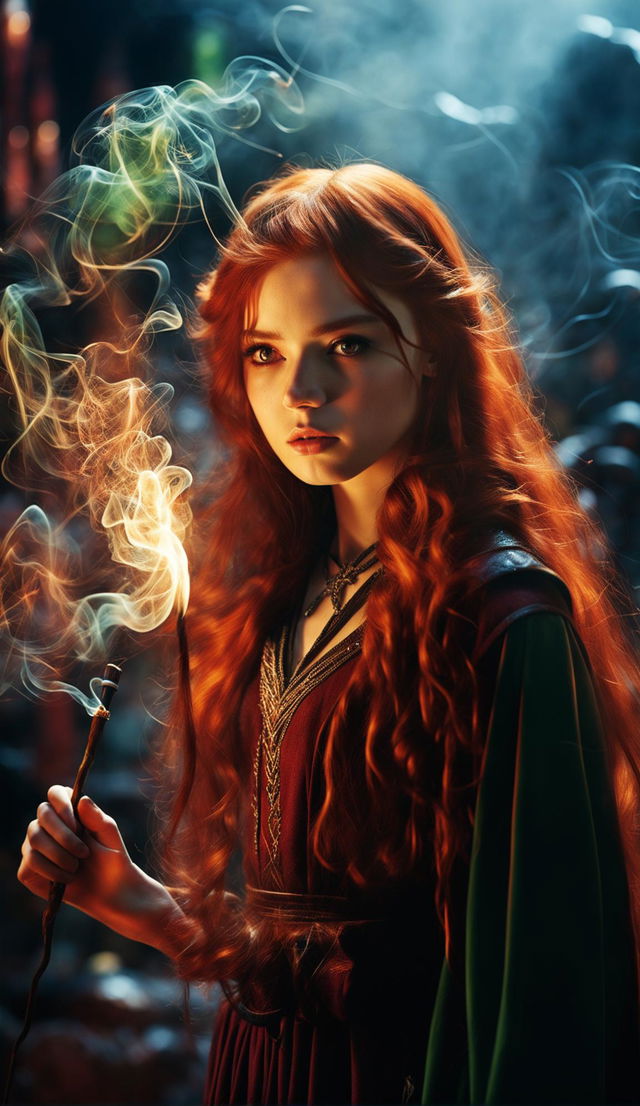 A cinematic and emotive image of a red-headed teenage girl duelling with her 10-inch wand, nefarious smoke spirals exploding from the wand's tip.