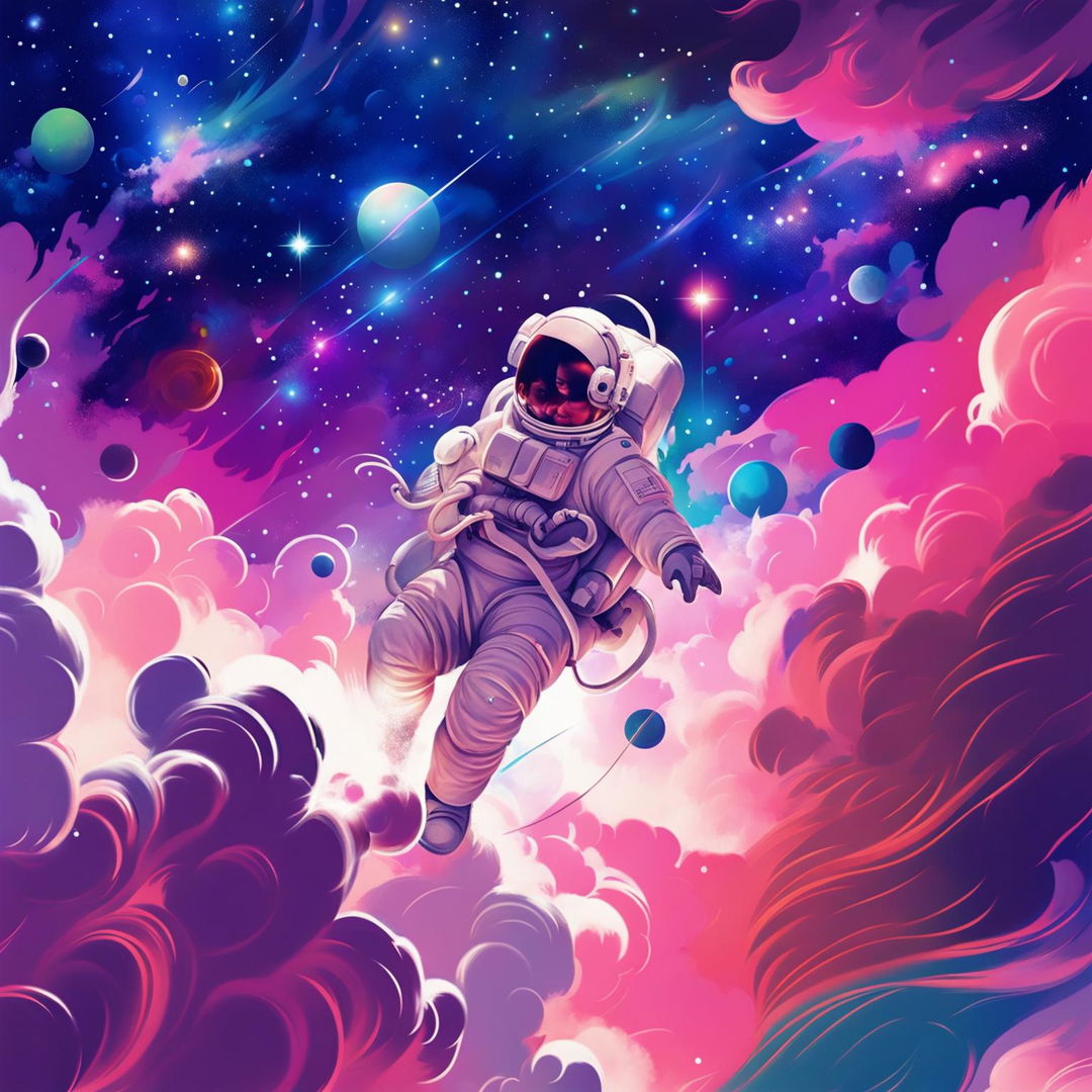 Dream-like album cover featuring a lone astronaut floating amidst pastel-colored cosmic clouds and nebulae, with a distant galaxy casting an iridescent light.