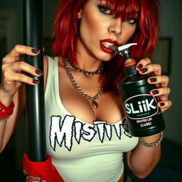A close-up shot of a sexy female redhead with a large chest and cleavage, wearing a 'Misfits' tank top adorned with punk chains