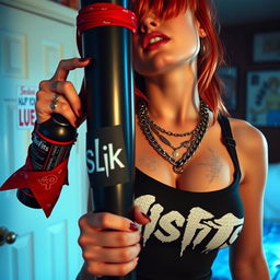 A close-up shot of a sexy female redhead with a large chest and cleavage, wearing a 'Misfits' tank top adorned with punk chains