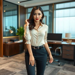 A sexy Asian secretary, 27 years old, showcasing her long legs and curvy figure