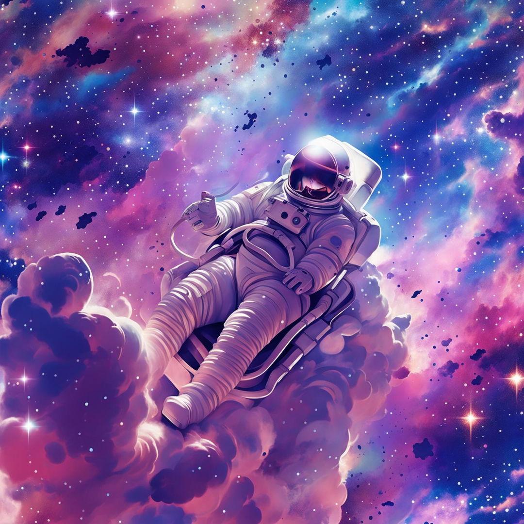 Ultra ethereal album cover with an intricate design featuring a lone astronaut amidst dreamy cosmic clouds and nebulae, under the soft iridescent light of a distant galaxy.