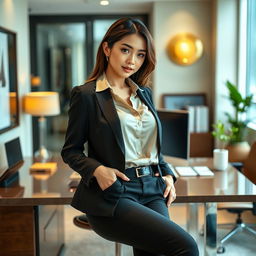 A sexy Asian secretary, 27 years old, showcasing her long legs and curvy figure