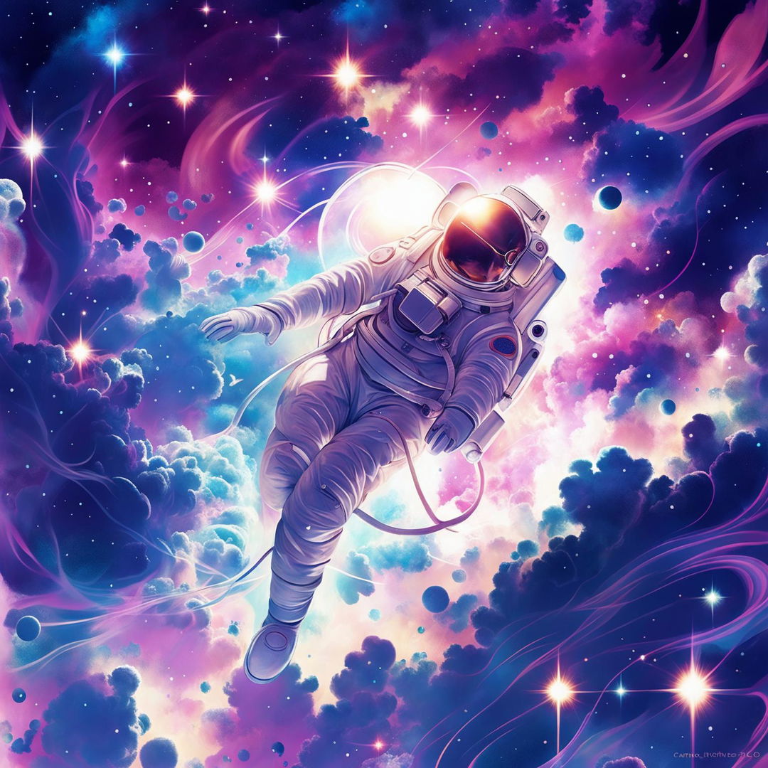 Perfectly ethereal album cover with an intricate design featuring a lone astronaut amidst dreamy cosmic clouds and nebulae, under the soft iridescent light of a distant galaxy.