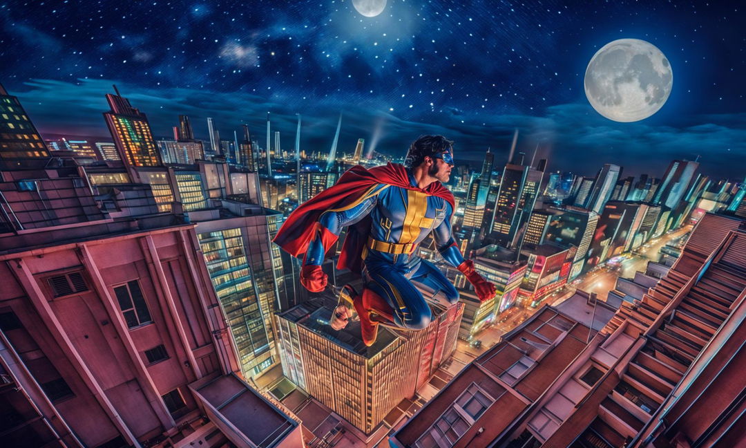 A retro 70s superhero in mid-leap off a skyscraper in a bustling metropolis. Low-angle shot with incredible detail showcasing his vibrant costume, the architectural marvel of steel and glass building, and the city below under an ethereal moonlight.