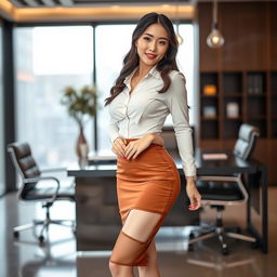 A sexy Korean secretary, 27 years old, showcasing her long legs and curvy figure