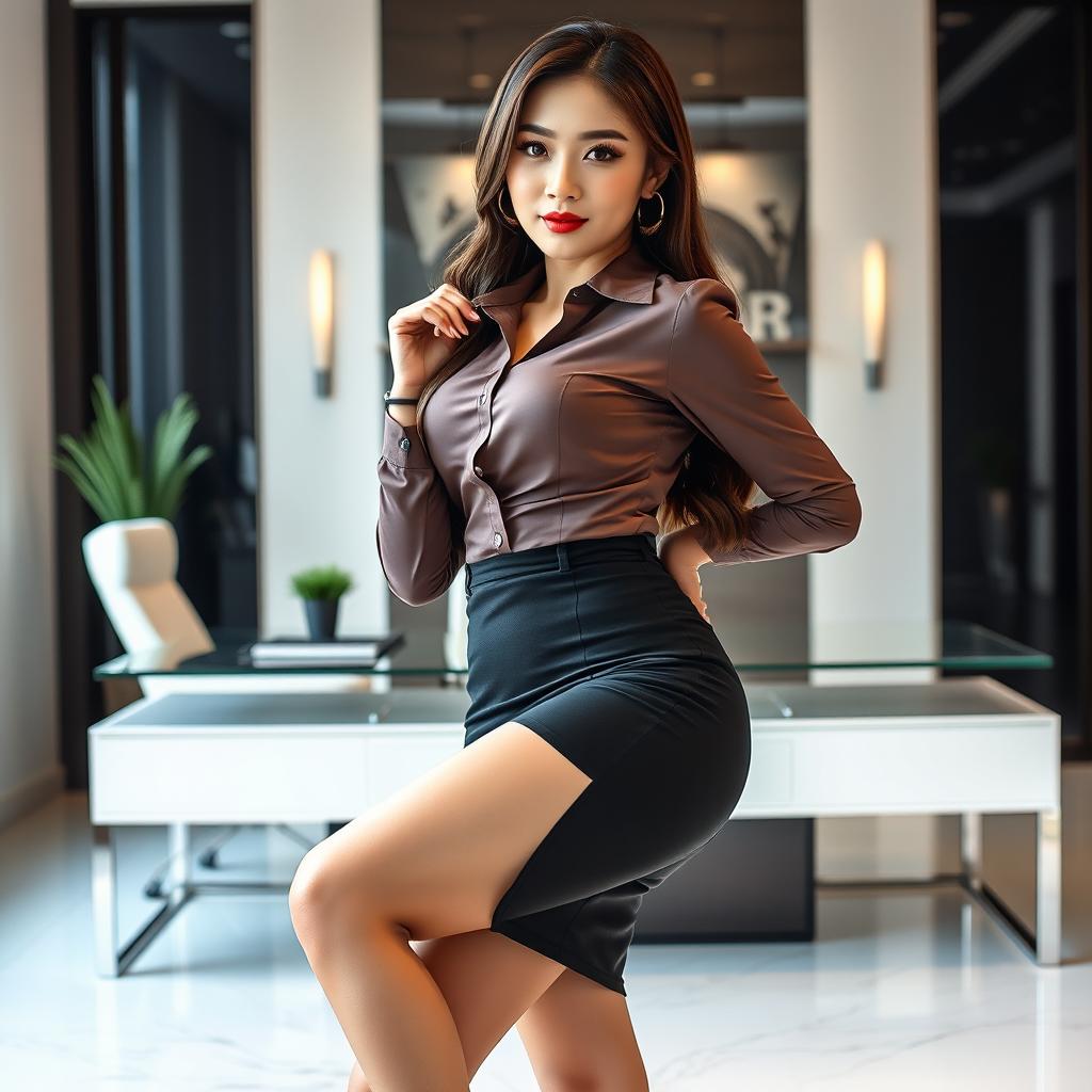 A sexy Korean secretary, 27 years old, showcasing her long legs and curvy figure