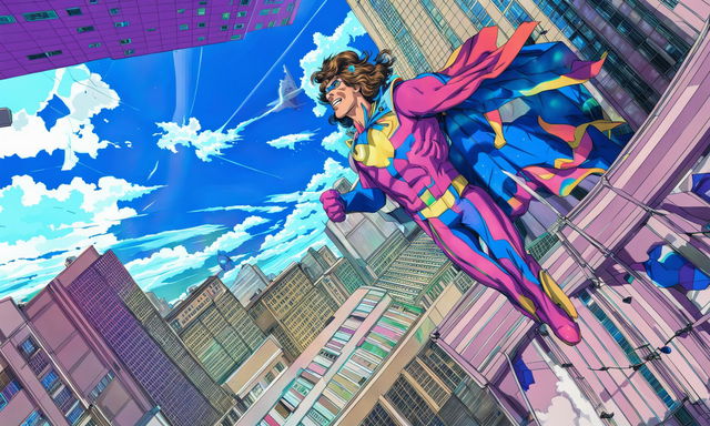 Anime-style illustration of a 70s retro superhero leaping off a skyscraper in a futuristic cityscape, captured from a low angle.