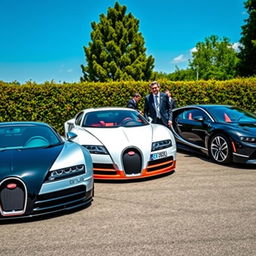 A captivating scene featuring multiple Bugatti cars, showcasing a variety of models like the classic Bugatti Type 35, the elegant Bugatti Veyron, and the modern Bugatti Chiron