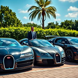 A captivating scene featuring multiple Bugatti cars, showcasing a variety of models like the classic Bugatti Type 35, the elegant Bugatti Veyron, and the modern Bugatti Chiron