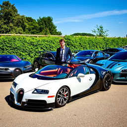A captivating scene featuring multiple Bugatti cars, showcasing a variety of models like the classic Bugatti Type 35, the elegant Bugatti Veyron, and the modern Bugatti Chiron