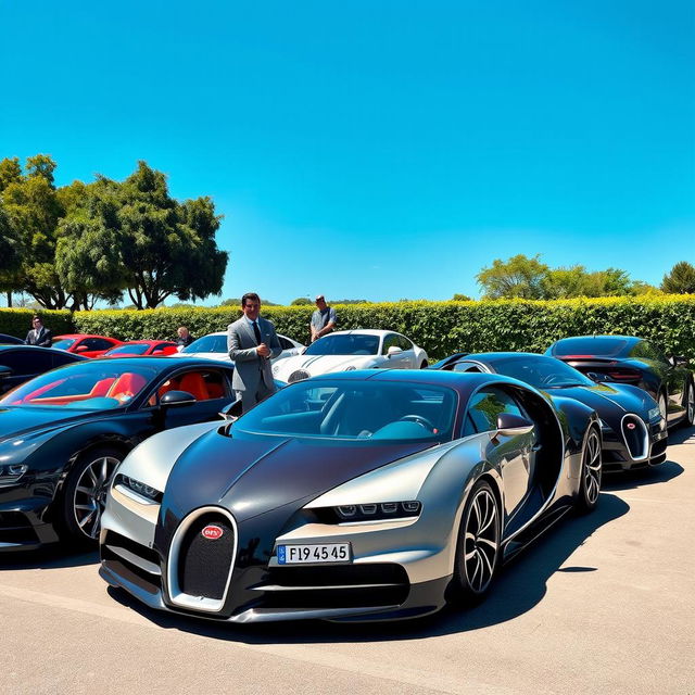 A captivating scene featuring multiple Bugatti cars, showcasing a variety of models like the classic Bugatti Type 35, the elegant Bugatti Veyron, and the modern Bugatti Chiron