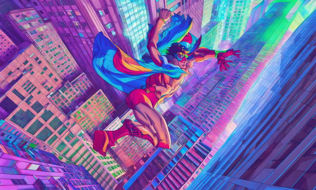 70s anime style retro sci-fi superhero in mid-jump off a skyscraper, low angle shot capturing cityscape below and psychedelic sky above.