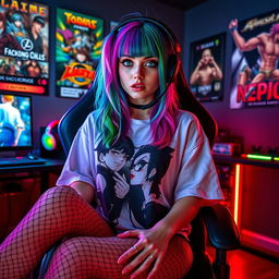 A sexy egirl with colorful dyed hair, wearing an oversized graphic t-shirt and fishnet stockings, sitting on a gaming chair