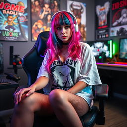 A sexy egirl with colorful dyed hair, wearing an oversized graphic t-shirt and fishnet stockings, sitting on a gaming chair