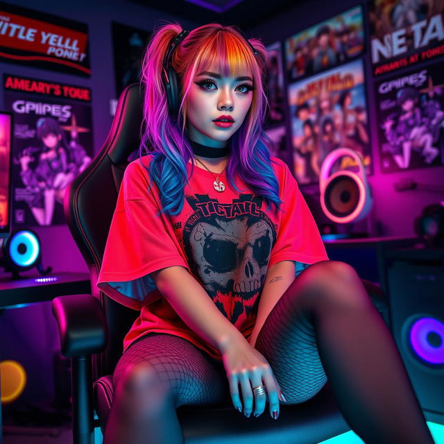 A sexy egirl with colorful dyed hair, wearing an oversized graphic t-shirt and fishnet stockings, sitting on a gaming chair