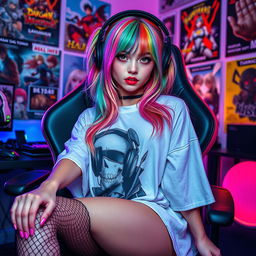 A sexy egirl with colorful dyed hair, wearing an oversized graphic t-shirt and fishnet stockings, sitting on a gaming chair