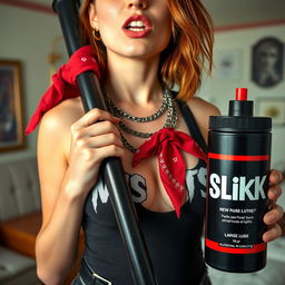 A close-up chest and torso shot of a sexy redhead female, wearing a 'Misfits' tank top with punk chains, highlighting her large chest and cleavage