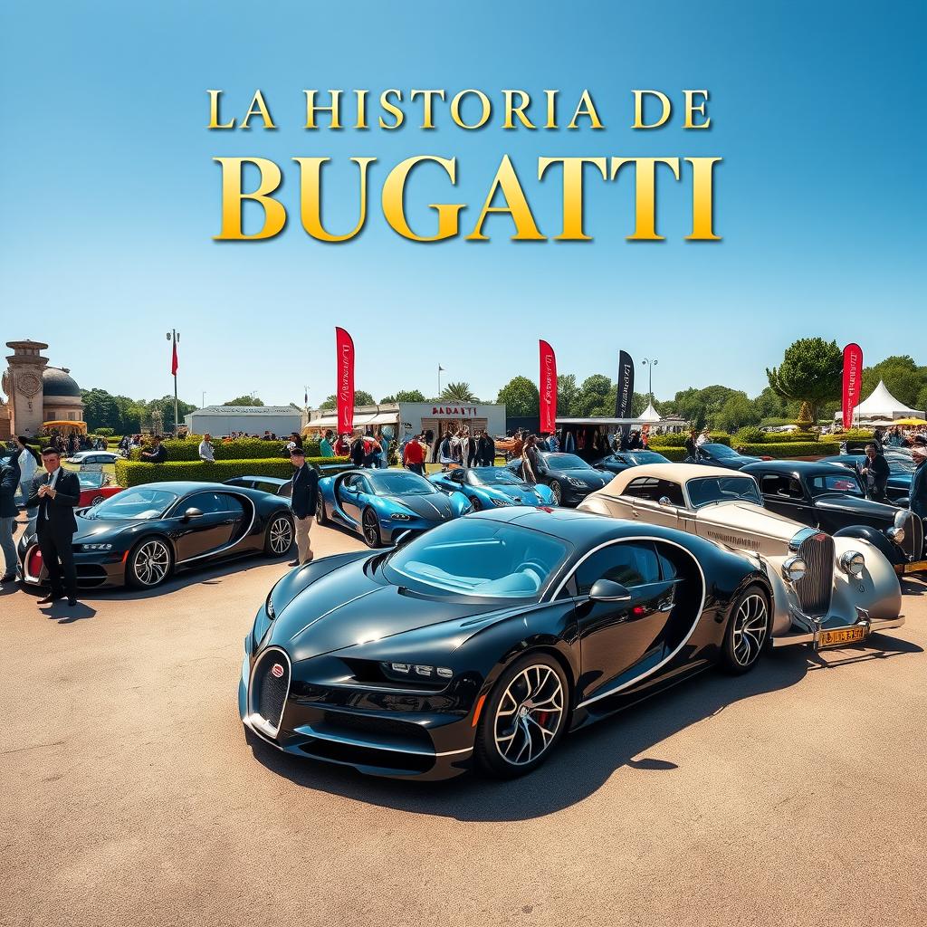 A striking composition featuring several Bugatti cars, including iconic models like the Bugatti Veyron, Bugatti Chiron, and classic Bugatti Type 35, all parked together in a luxurious environment