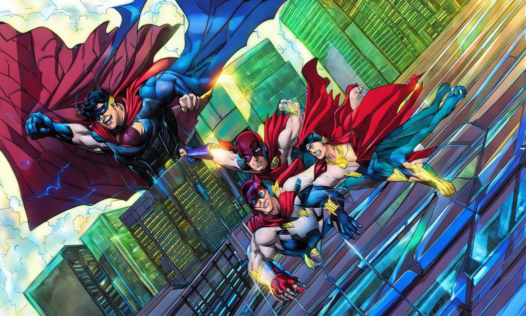 Anime-style Justice League superheroes leaping off a skyscraper in a low-angle shot.